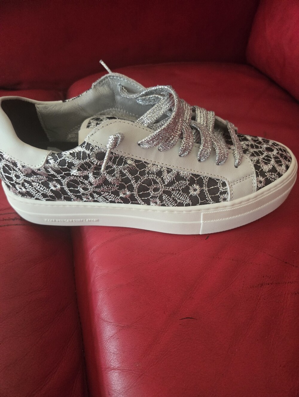 P448 White Sneakers with Silver Lace-Pattern Accents - Picture 5 of 5